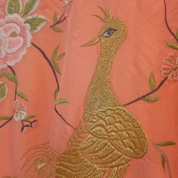 Vintage Peach Silk Kimono Robe with Peacock & Floral Embroidery - Picture 6 of 6